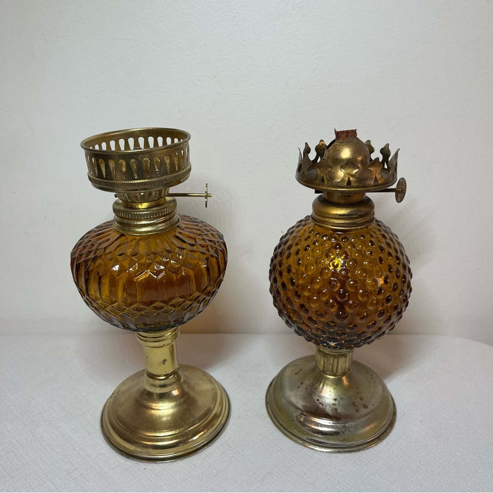 Vintage Amber glass Oil Lamp Bases. Made in Hong Kong.